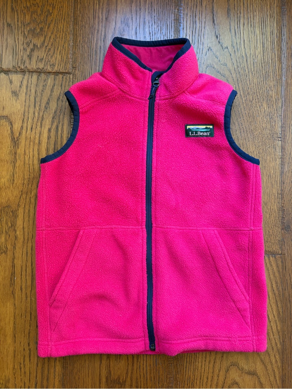 L.L. Bean Kids Bright Pink Fleece Vest with Navy Trim, size 8